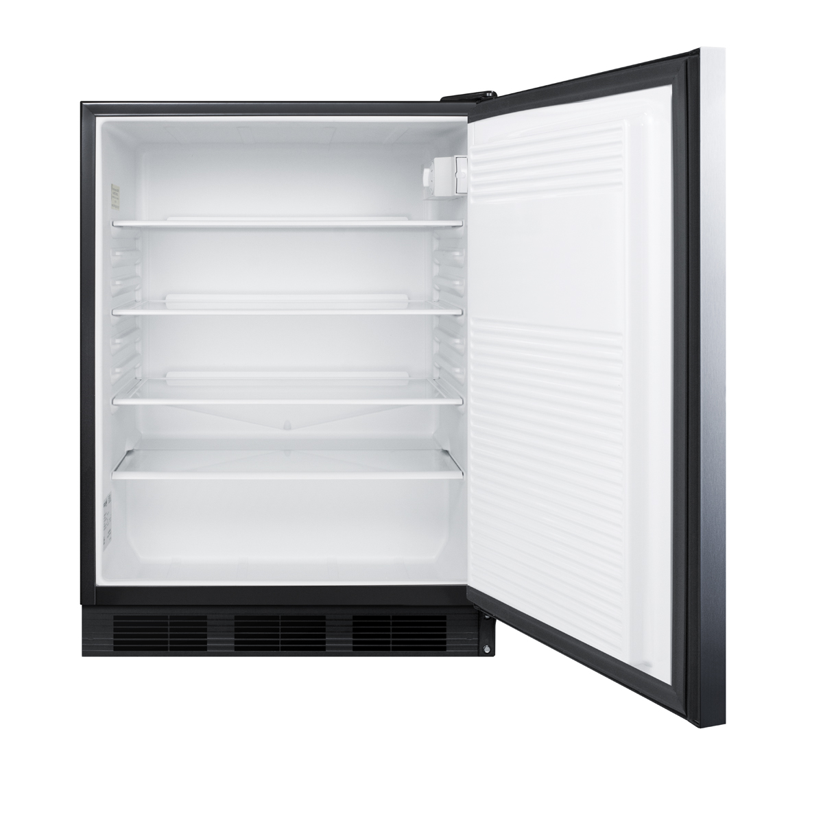 ADA compliant commercial all-refrigerator for freestanding general purpose use, auto defrost w/SS door, horizontal handle, and black cabinet